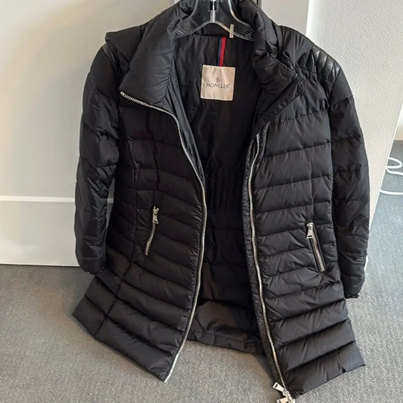 Moncler Orophin Black Long Puffer Hooded Jacket with Leather Trim
